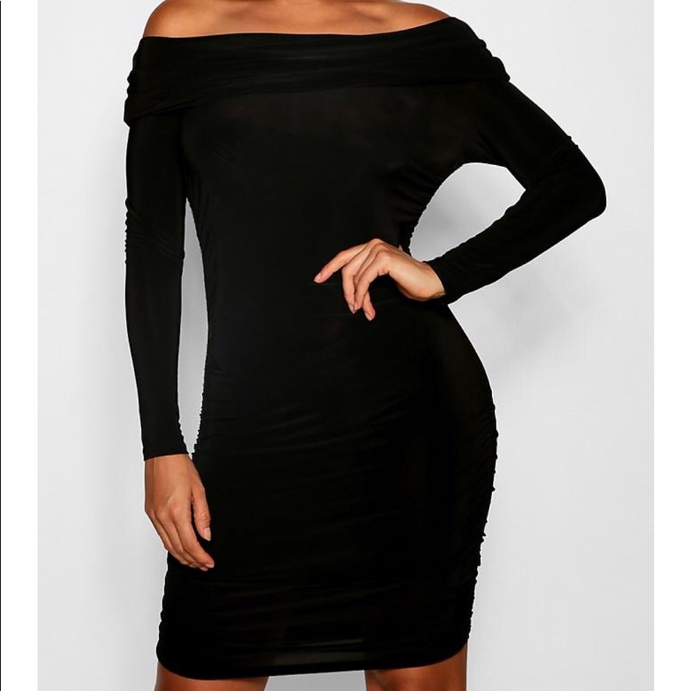 Brand New boohoo Black Off Shoulder Slinky Black Dress